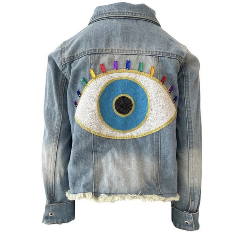 Lola + The Boys Evil Eye Cropped Denim Jacket, size 8